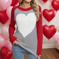 Pull en tricot à manches raglan avec design torsadé en jacquard grand cœur pour la Saint-Valentin pour femmes