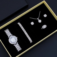 Montre de luxe en diamant pour femmes, ensemble de bijoux 5 pièces, bracelet en alliage, collier, boucles d'oreilles, bague, cadeau pour femmes