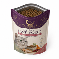Sachet à fond plat violet personnalisé avec estampage à chaud doré, pochette zippée laminée de qualité alimentaire pour emballage de poulet, canneberges et nourriture pour chats