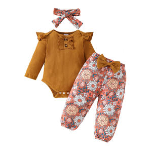 Ensemble trois pièces pour bébé en coton transfrontalier : haut à manches longues en dentelle, pantalon triangle à fleurs et nœud, ceinture pour cheveux - Product Image 5