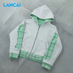 เสื้อฮู้ดซิป Lancai Heavyweight ทรงบ็อกซี่ ใส่ได้สองด้าน ลายสก็อตสไตล์ Y2K Grunge ปักลายแบบกำหนดเอง เสื้อสตรีทแวร์ผู้ชายแบบครอป - Product Image 3