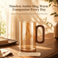 Amber glazen mok van hoog borosilicaatglas met walnoot houten handvat, hittebestendig & geschikt voor open vuur, herbruikbaar, 350ml