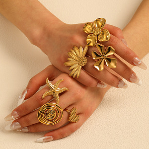 Anelli di Moda in Acciaio Inossidabile Placcato Oro <span class=keywords><strong>18K</strong></span> con Grande Girasole Esagerato, Perla, Farfalla e Cuore Personalizzati - Product Image 1