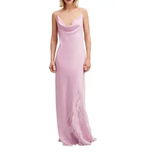 Custom 2024 Summer Women Draped Neckline Elegant Party Dress Long Shoulder Straps Side Seam Feather Vacation Prom Dress