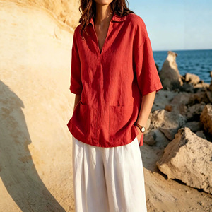 T-<span class=keywords><strong>shirt</strong></span> en coton et lin pour <span class=keywords><strong>femme</strong></span>, col en V, coupe décontractée, manches trois-quarts, couleur unie, haut d'été, style européen et américain 2026, tailles S-XXL - Product Image 3