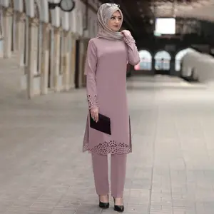 2024 New Stylish Middle East Eastern Islamic Clothing Turkey Muslim Women Long Sleeve Tunic Top Pants 2 Piece Suit Set