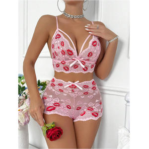 Sexy Red Lip Bestickter BH und Slip Sexy High Waist Strappy Floral Lace Mesh Sheer Dessous Set 2 Stück - Product Image 6