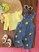 Setelan Jeans Suspender Bunga 3D Atasan Lengan Panjang Motif Bunga Bergaris Kuning Lucu Kasual untuk Anak Perempuan