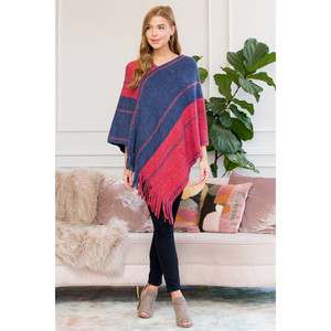 Hdf3007rdbl - Poncho con flecos y estampado de cadena en dos tonos, rojo y azul - Product Image 1