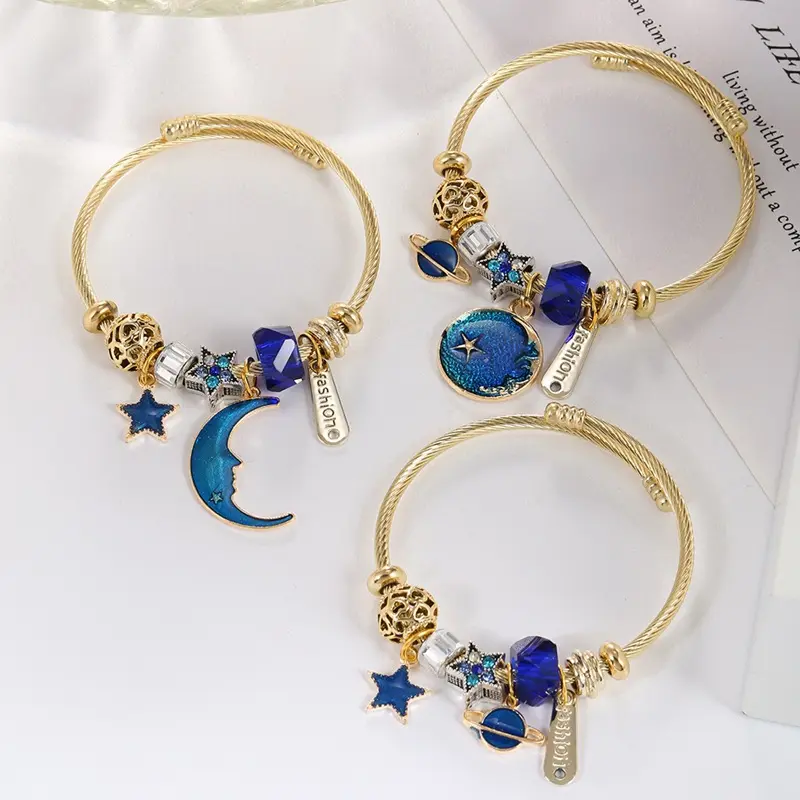 Amazon Hot Selling Stainless Steel Bone Crystal Butterfly Bangle Adjustable Diamond Moon Star Charm fashion jewelry bracelets
