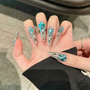 Faux ongles de luxe français à couverture complète, motif bleu scintillant sous-marin, infusés de diamants, en ABS, à presser, portables - Product Image 3