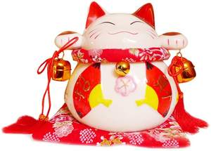 Tirelire en céramique blanche 8 pouces, Maneki Neko, porte-bonheur pour chat, Style ventilateur rouge - Product Image 2