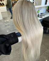 Perruque Lace Front en Cheveux Humains Blond Platine avec Mèches Blondes et Racines Ombrées pour Femme