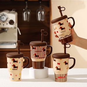 Taza de café de diseño de dibujos animados de cachorro creativo de cerámica de gran capacidad con tapa y tubo de succión para regalos - Product Image 4