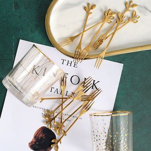 Stainless Steel Dessert Spoon Fork Set Leaf Pattern Gold Plated For Tea Time - Product Image 4
