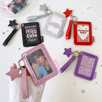 Pelindung Kartu Foto Kulit PU Kpop Korea Ins Glitter Stars 3 Inch, Dompet Kartu Pelajar Warna-warni Keren Manis, Gantungan Kunci