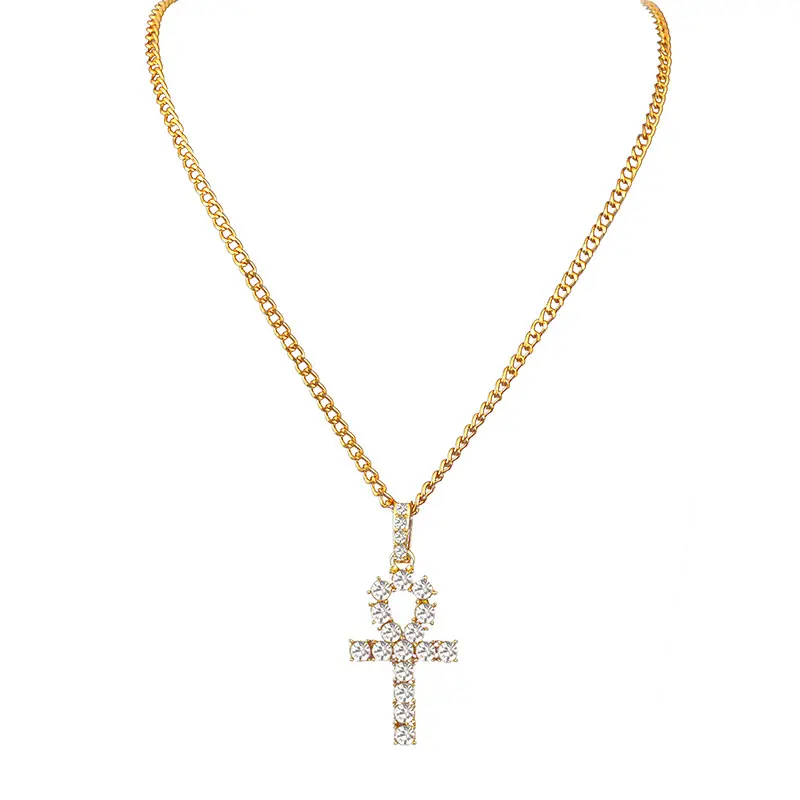 Vriua Zilver Kleur Mens <span class=keywords><strong>Hip</strong></span> <span class=keywords><strong>Hop</strong></span> Iced Out Gold Strass Sleutel Van Leven Egypte Cross Hanger Tennis Chain Crystal Ketting voor Mannen