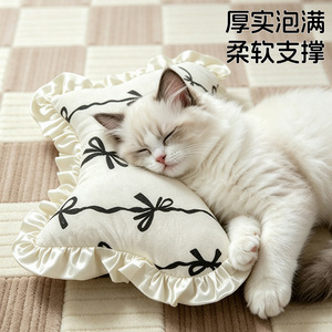 Coussin pour chat, sur le thème des chatons, couleur crème, avec nœuds décoratifs, tapis de couchage pour animaux de compagnie avec bordure en dentelle, tapis de couchage épais et moelleux pour chiens. - Product Image 2