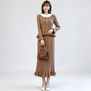 Completo tailleur gonna a pieghe con volant e colletto in pizzo, taglia unica, stile francese chic, per donna - Spedizione rapida all'ingrosso - Product Image 1