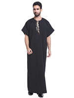 Jubah Muslim Pria Arab Musim Panas, Bahan Polyester Lembut Warna Solid, Bordir Depan, Kerah O-neck, Lengan Pendek, Model Longgar, Rok Panjang