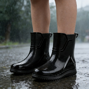 Rain Boots Men Mid Calf Waterproof Slip On Flat Heel Solid Color Outdoor Shoes For Fishing Delivery Riders - Product Image 1