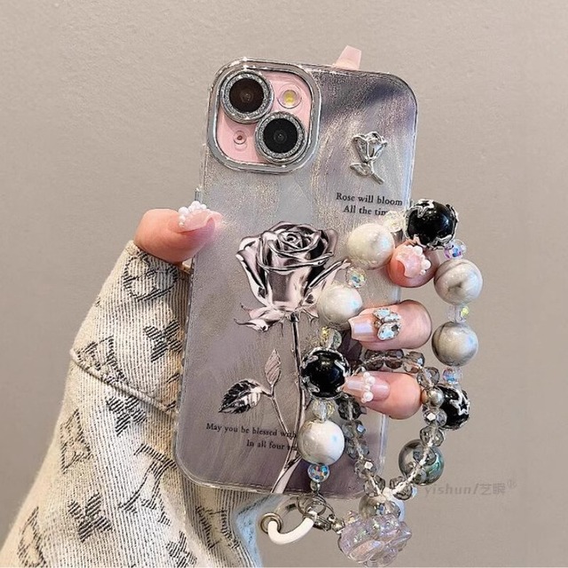 New Luxury Retro Black Rose Flowers Feather Yarn Phone case for iPhone 16 15 14 13 11 12 Pro Max Glitter Lens Film PC Hard Cover