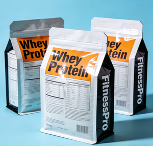 Sachet à fond plat pour protéines de lactosérum, imprimé de qualité supérieure, 250g, 500g, 1000g, avec fermeture éclair, logo personnalisé, pochette scellée sur 8 côtés pour poudre protéinée - Product Image 2