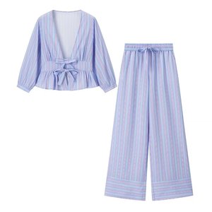 New Women's Bow-Trim Striped Shirt &amp; Striped Bow-Trim Wide-Leg <strong>Pants</strong> 2-Piece Set Sehe Fashion - Product Image 2