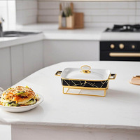 Assiettes de service de luxe modernes et écologiques pour buffet de restaurant, en céramique marbrée dorée, avec couvercle et support, compatibles micro-ondes