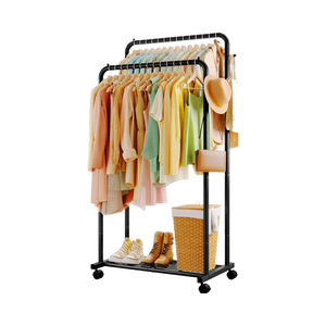 Portaspezie Multifunzionale Ecologico in Metallo Nero con Doppia Asta, Ripiano a Rete, Ganci e Ruote per Appendere Oggetti Domestici - Product Image 1