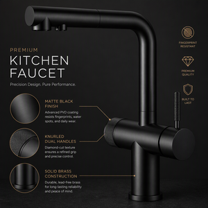 <strong>Matte</strong> <strong>Black</strong> Kitchen Faucet 3 Way <strong>Pull</strong> Out Drinking Water Filter Tap Dual Handle Sink Mixer with Sprayer - Product Image 5