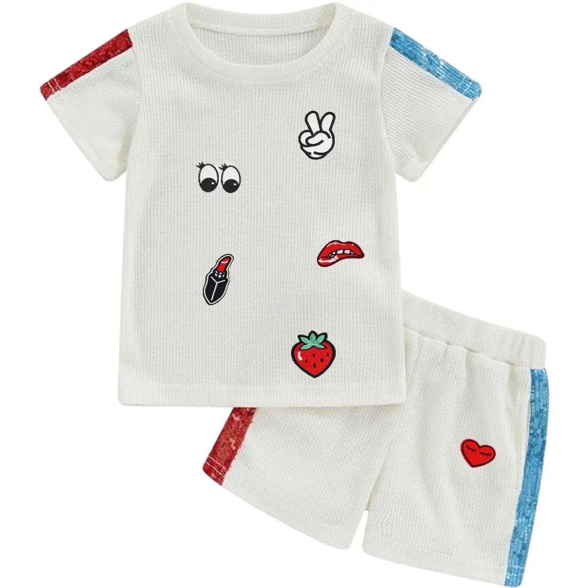 Customized Girls Sequin Stripe Sleeves Patchwork T Shirt + Shorts Kids Clothing Set