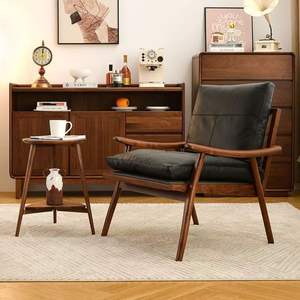 Sillón de Diseño, Madera Maciza, Cuero Genuino, Estilo Retro, Sillón para Sala de Estar, Estructura de Soporte Duradera - Product Image 2