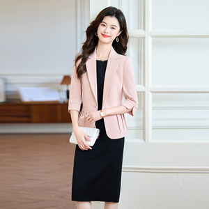 Women's Short Suit Jacket And Dress Two Piece Set Solid Color Polyester Anti Wrinkle Blazer For Office Wear - Product Image 3