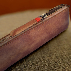 Estuche para lápices de cuero genuino hecho a mano, bolsa de papelería con apertura con cremallera de piel de vaca para uso escolar y de oficina, Color sólido - Product Image 2