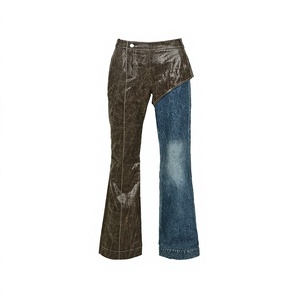 Pantalones de mezclilla de cintura alta con parches de cuero, cierre frontal con cremallera, pierna recta, para mujer - Product Image 1