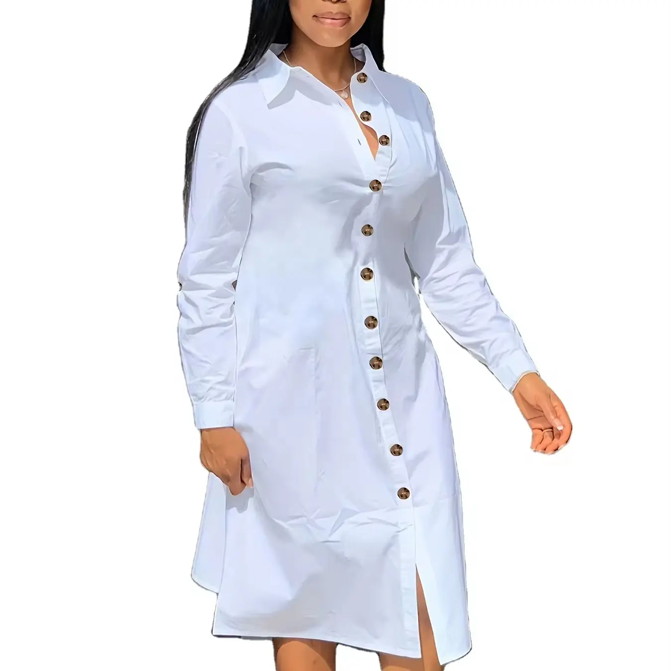 브레스트 셔츠 긴 원피스 유행 플립 칼라 스트레이트 여성용 1 개 짠 간단한 여성 블라우스 긴 소매 통기성