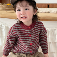 Cardigan tricoté unisexe pour enfants, col rond, rayé, à simple boutonnage, manches longues, pull pour bébé, printemps-automne
