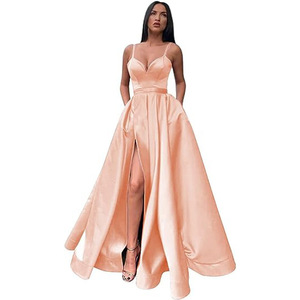 Satin Prom Evening Gown A-Line Sweetheart Neckline Strappy Slit Pockets Long Formal Dress For Party Wedding - Product Image 2