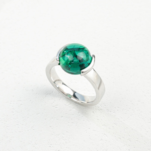 <b>925</b> Sterling <b>Silver</b> Solitaire <b>Ring</b>, Round Cabochon Lab Created Emerald Half Bezel Setting - Product Image 1