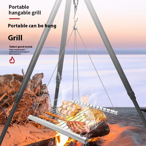 Support <span class=keywords><strong>de</strong></span> barbecue avec lanière suspendue, support <span class=keywords><strong>de</strong></span> barbecue à charbon <span class=keywords><strong>de</strong></span> bois pliant support <span class=keywords><strong>de</strong></span> barbecue simple portable pour la cuisine en plein air - Product Image 5