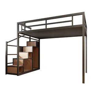 Lit superposé loft moderne en métal personnalisé avec rangement Lit en fer pour dortoir d'appartement Lit superposé loft queen en métal peu encombrant avec escalier