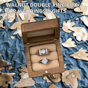 Anniversary Gift Engagement Wedding Ceremony Eco-Friendly Polished Double Square Wooden Walnut Ring <b>Box</b> - Product Image 2