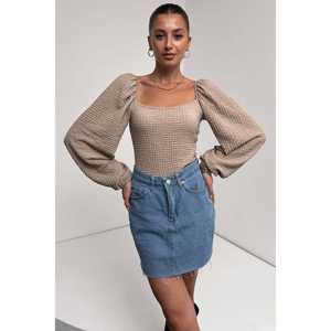 Blouse à col carré et manches bouffantes pour femme, tricotée, élastique, couleur café avec lait, style décontracté pour tous les jours - Product Image 1