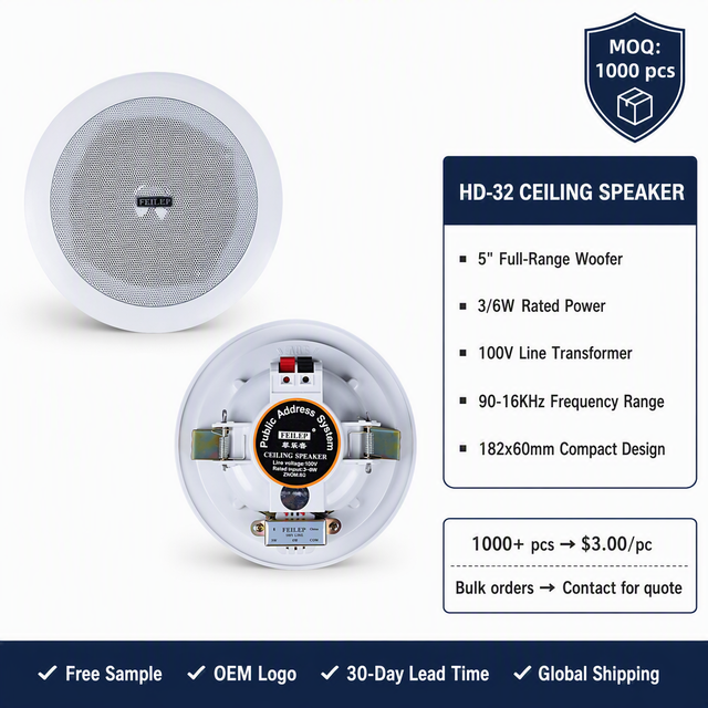 5-Inch 3/6W 100V Line Ceiling Speaker 90dB OEM Flush Mount PA System Speaker for Hotel Office