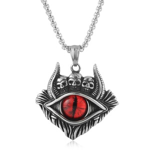 Yunnique – pendentif œil du diable en acier inoxydable, avec crâne et cornes de bélier, incrustation d'œil rouge, collier punk pour hommes, chaîne de 60cm - Product Image 1