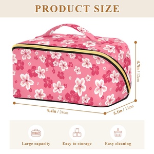 กระเป๋าเครื่องสำอางเดินทางขนาดใหญ่ กระเป๋าใส่เครื่องสำอางลายดอกชบา แบบเปิดแบนราบ พร้อมหูหิ้วและช่องแบ่ง - Product Image 3