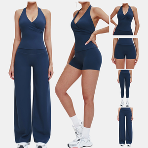 Ensemble de sport tendance pour femme : Haut dos nu à col en V croisé, short taille haute, leggings slim, pantalon large et ample pour le yoga, l'entraînement et la gym - Product Image 2