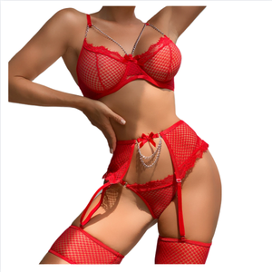 Nouvelle collection d'été transfrontalière : <span class=keywords><strong>Ensemble</strong></span> de lingerie sexy pour femme avec dentelle à motif quadrillé, chaîne suspendue et nœud, et jarretière - Product Image 1