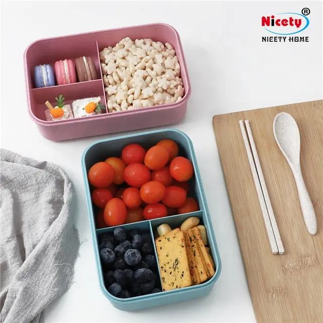Bento BPA Free Biodegradable Wheat Straw Lunch Box Bento With Dividers And Cutlery Set